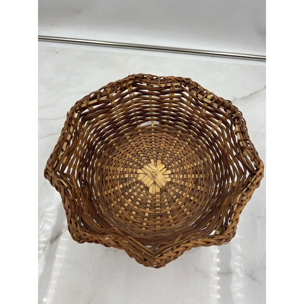 Vintage Scalloped Wicker Basket Handwoven Two Tone Brown Round Decorative Bowl